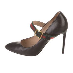 Gucci Black Heels with Signature Green and Red Strap
